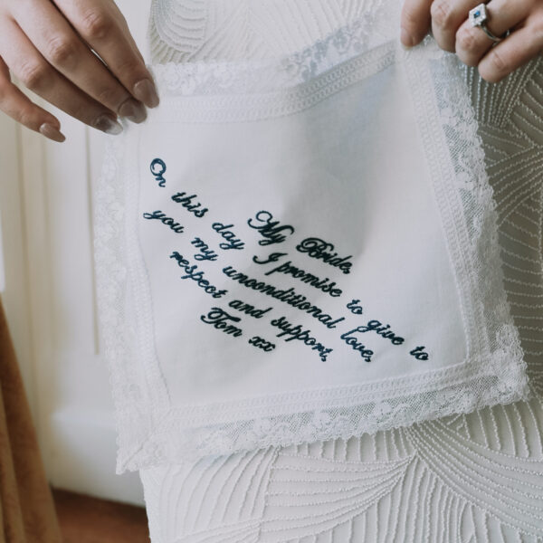 Nottingham Lace Handkerchief – Any Message Embroidered up to 150 Characters
