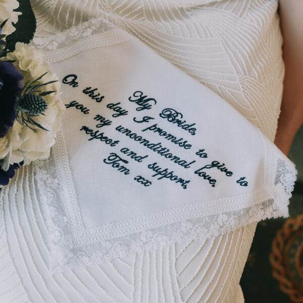 Nottingham Lace Handkerchief – Any Message Embroidered up to 150 Characters