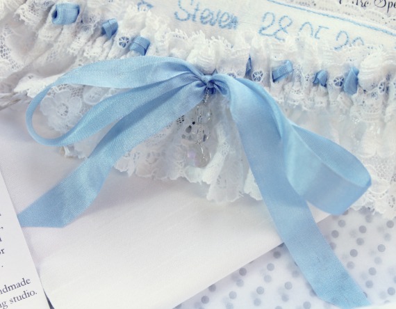 Florence personalised garter with blue silk ribbon wedding garter