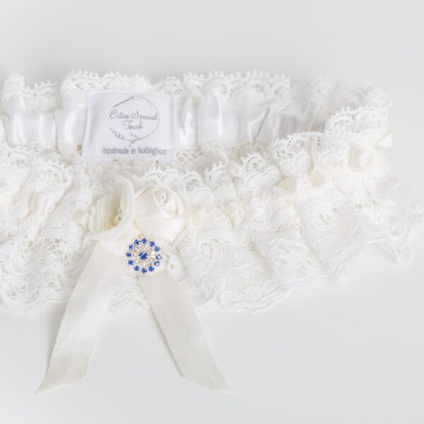 Lilly - Nottingham lace, silk flowers & blue crystal charm garter