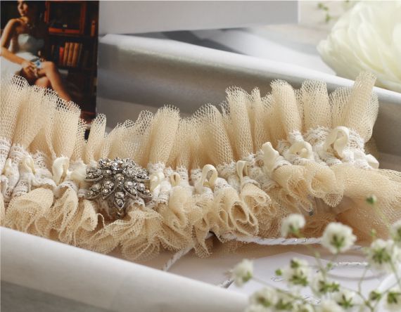 Martha Silk Tulle – Nude Tulle Garter with Crystal Trim