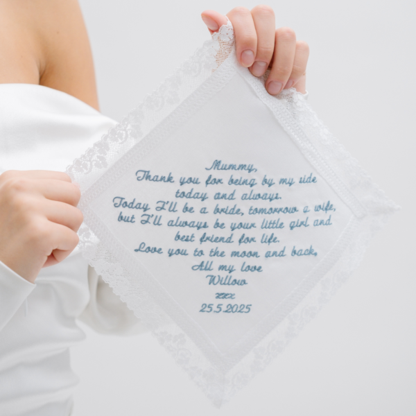 Nottingham Lace Handkerchief – Any message embroidered to 250 Characters