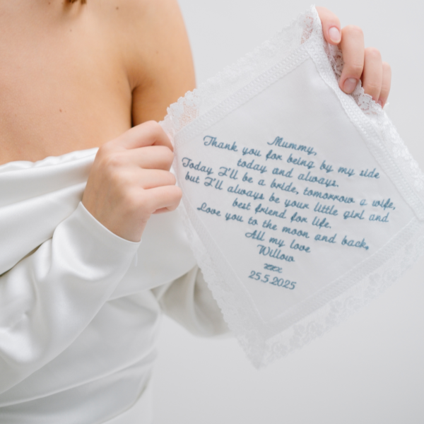 Nottingham Lace Handkerchief – Any message embroidered to 250 Characters