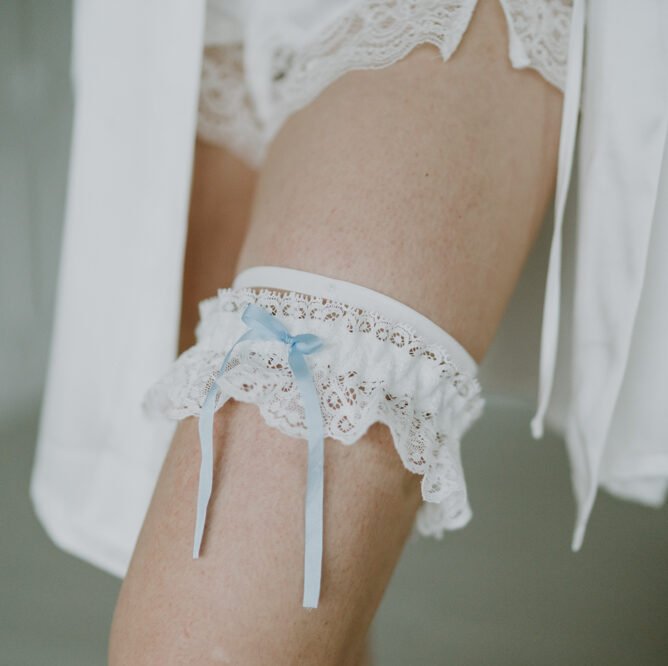 Alice – Nottingham lace & blue silk bow garter (can be personalised)