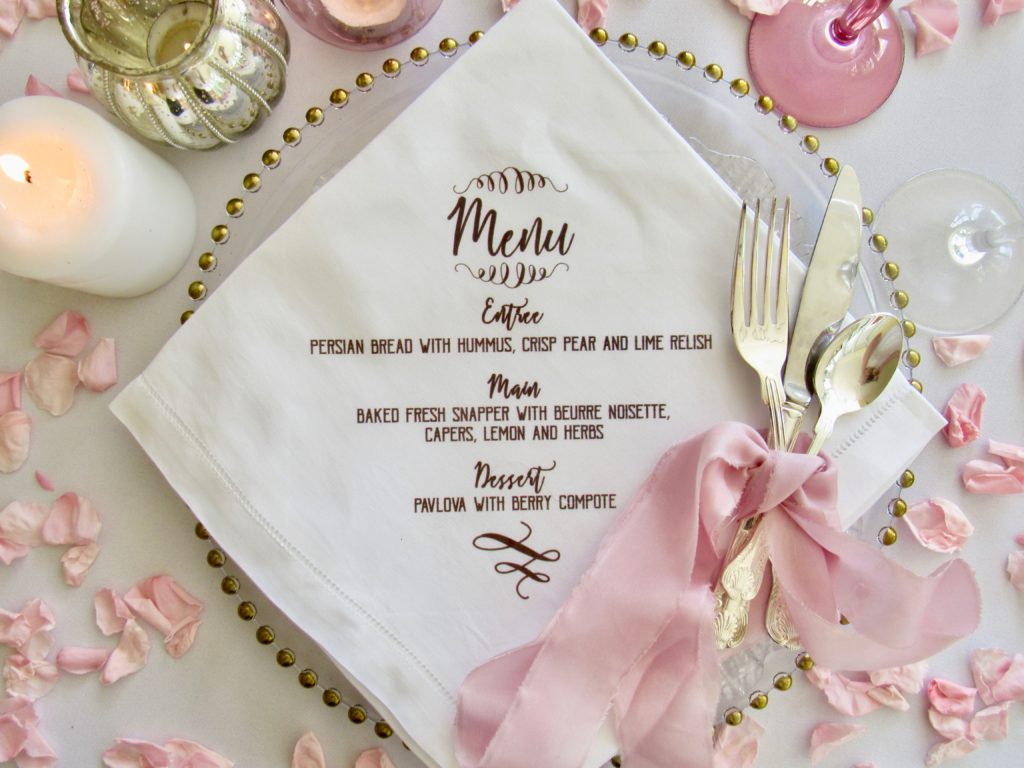 Personalised wedding table decorations - menu