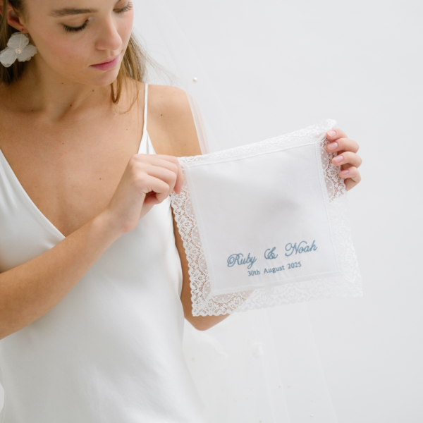 Nottingham Lace Handkerchief - Embroidered with couples name and wedding date