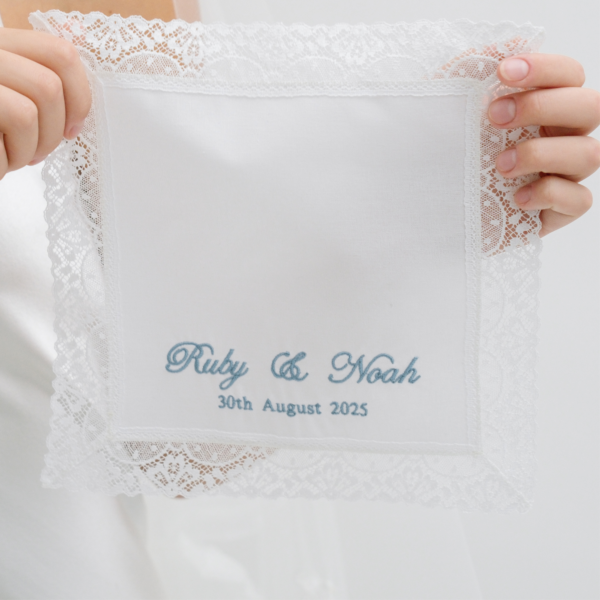 Nottingham Lace Handkerchief - Embroidered with couples name and wedding date