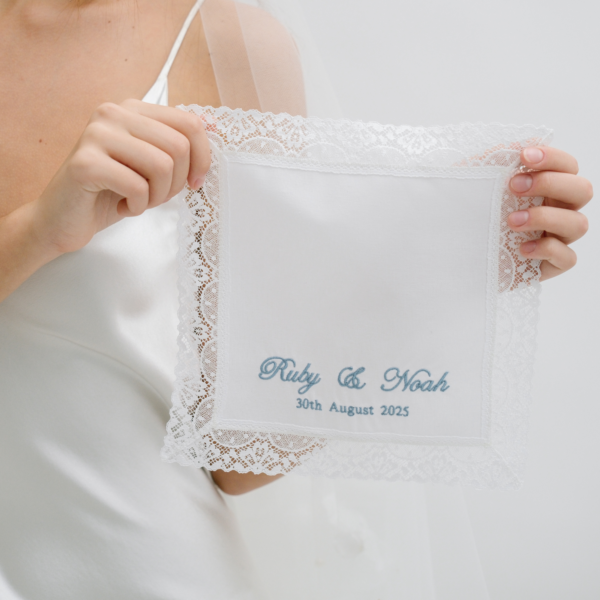 Nottingham Lace Handkerchief - Embroidered with couples name and wedding date