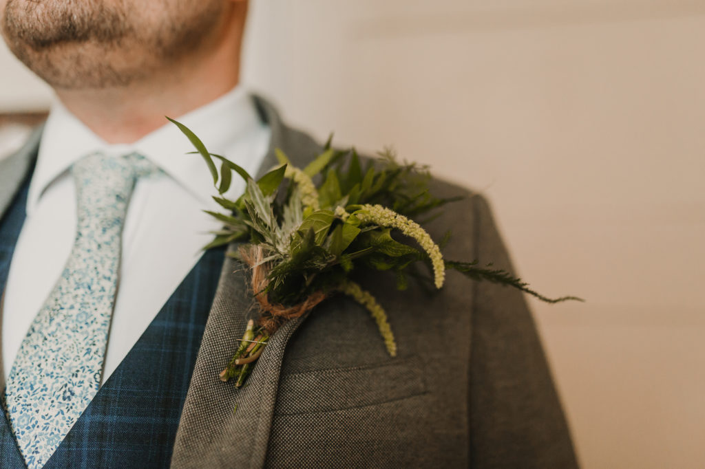 Two Grooms: Luxe, Contemporary Wedding Styling with Personalised Napkins and foliage butttonholes