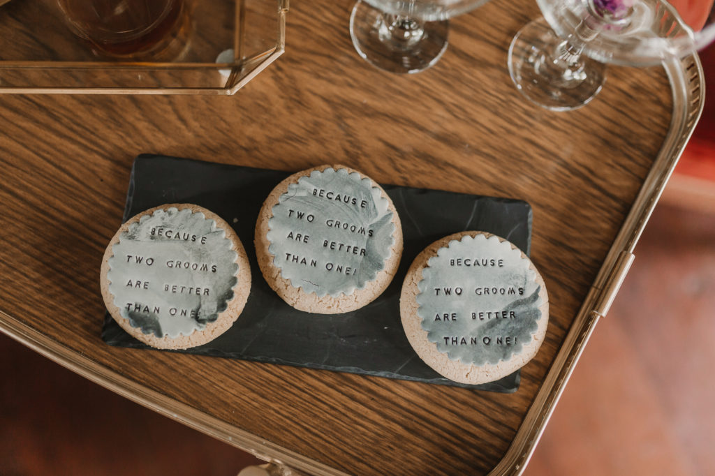 Two Grooms: Luxe, Contemporary Wedding Styling with Personalised Napkins and cookies