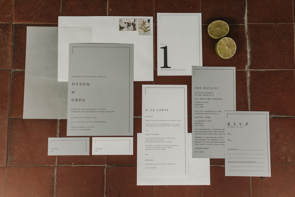 Two Grooms: Luxe, Contemporary Wedding Styling with Personalised Napkins and grey stationery