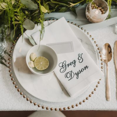 Two Grooms: Luxe, Contemporary Wedding Styling with Personalised Embroidered Napkins