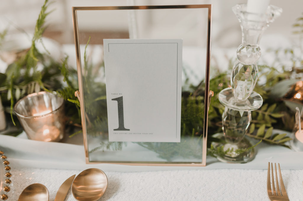 Two Grooms: Luxe, Contemporary Wedding Styling with Personalised Napkins and table numbers