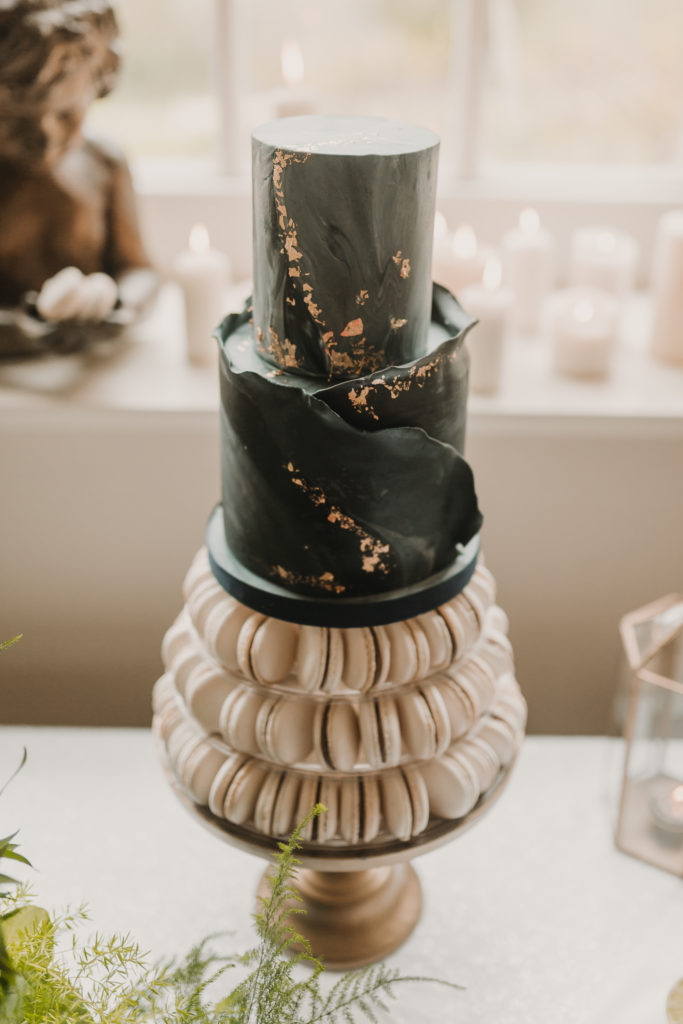 Two Grooms: Luxe, Contemporary Wedding Styling with Personalised Napkins and macaron dark grey cake