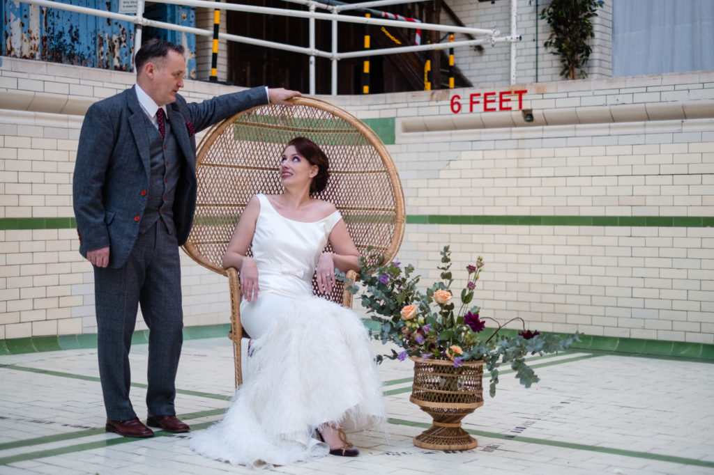 A Black, Gold & Purple Wedding at Victoria Baths with Vintage Embroidered Napkins