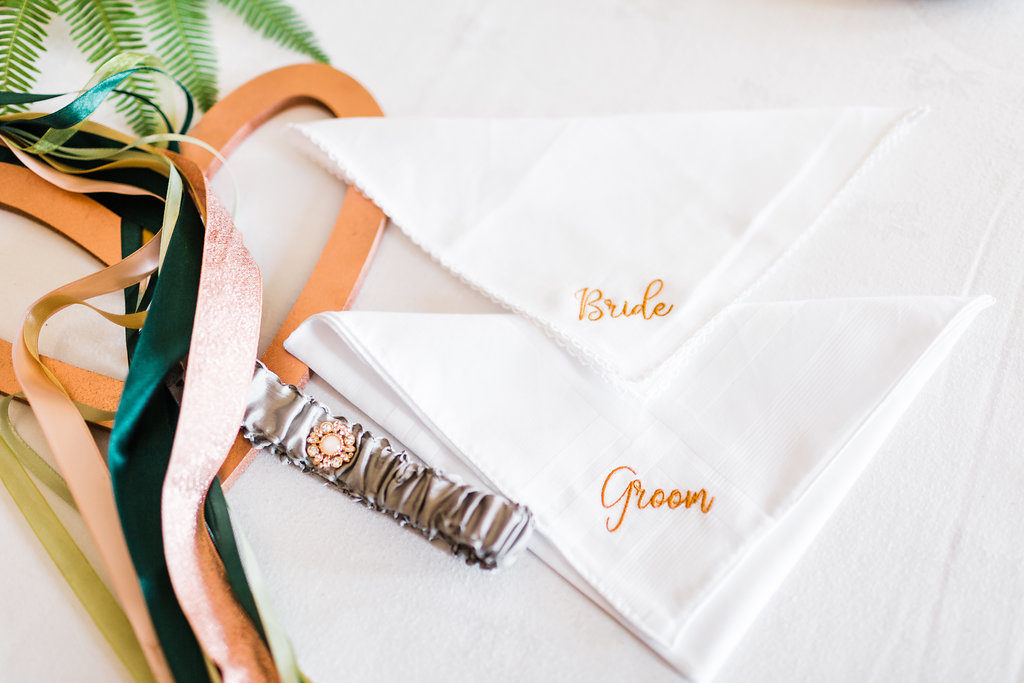 Copper Luxe Wedding With Personalised Napkins and Silk Garter