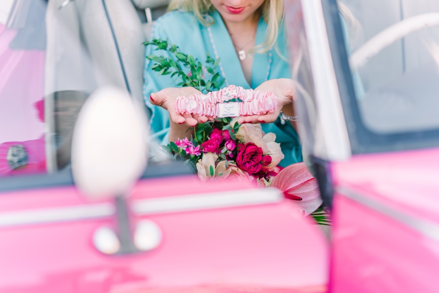 Pink Retro Engagement Shoot with Personalised Bride Handkerchiefs