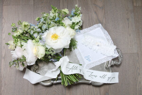 personalised wedding bouquet ribbon wedding handkerchief and lace garter