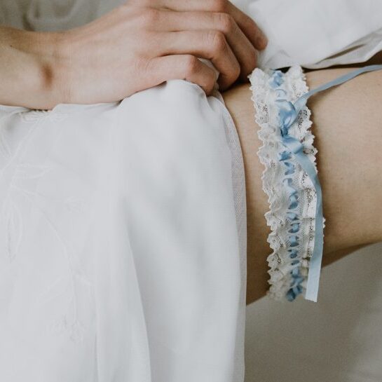 Nottingham lace garter with blue silk bow