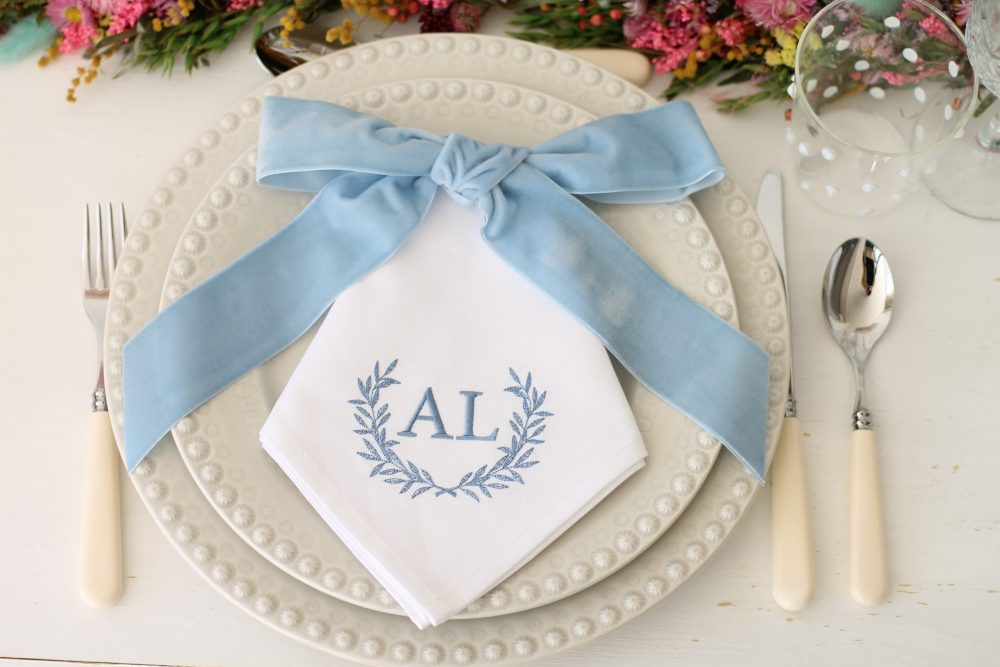 WEDDING PACKAGE – Laurel Wedding Monogram Napkins & Bows (Cotton napkins)