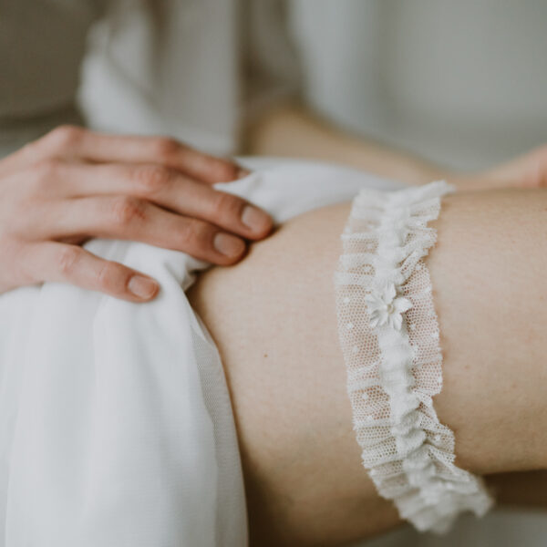 Georgia - Spotty tulle garter with flower & pearl bead charm
