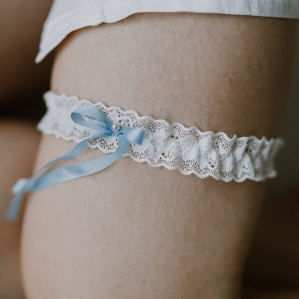 Anya - Nottingham lace garter with silk blue bow