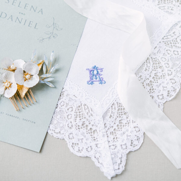 Nottingham Lace Handkerchief - Embroidered with intertwined monogram