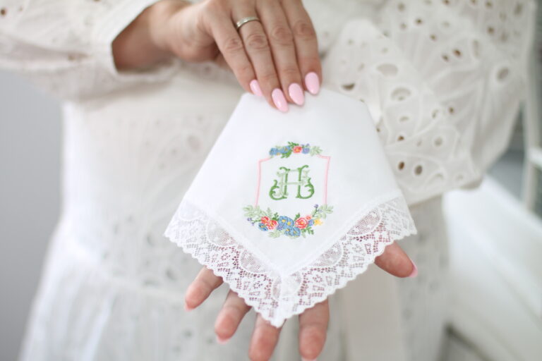 Monogrammed Wedding Crest Handkerchief - Handmade with Nottingham Lace