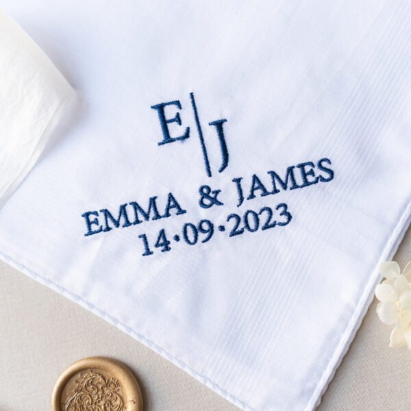 Luxe Cotton Mens Handkerchief- Couples Monogram, Names and Date