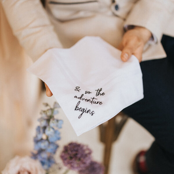 & the adventure begins wedding handkerchief