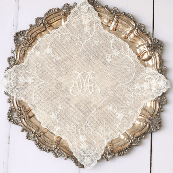 Embroidered Net Lace Handkerchief - Personalised with 2 initial monogram