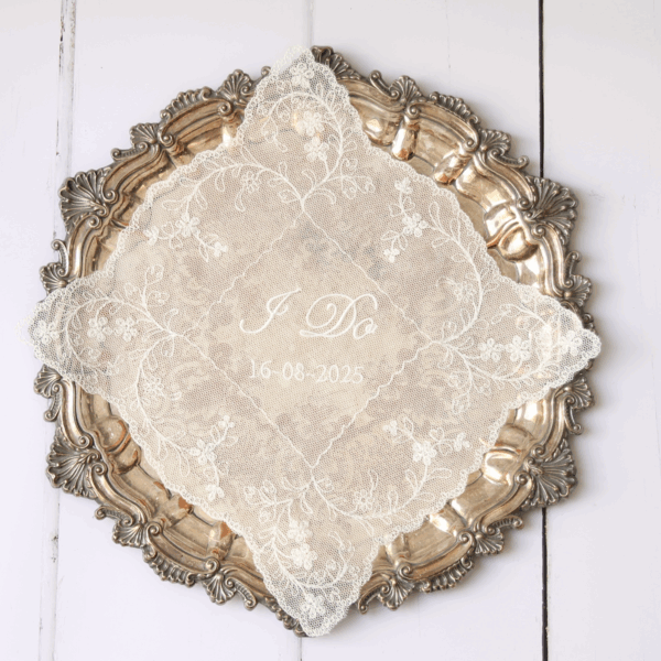 Embroidered Net Lace Handkerchief - Personalised with 'I do' and date
