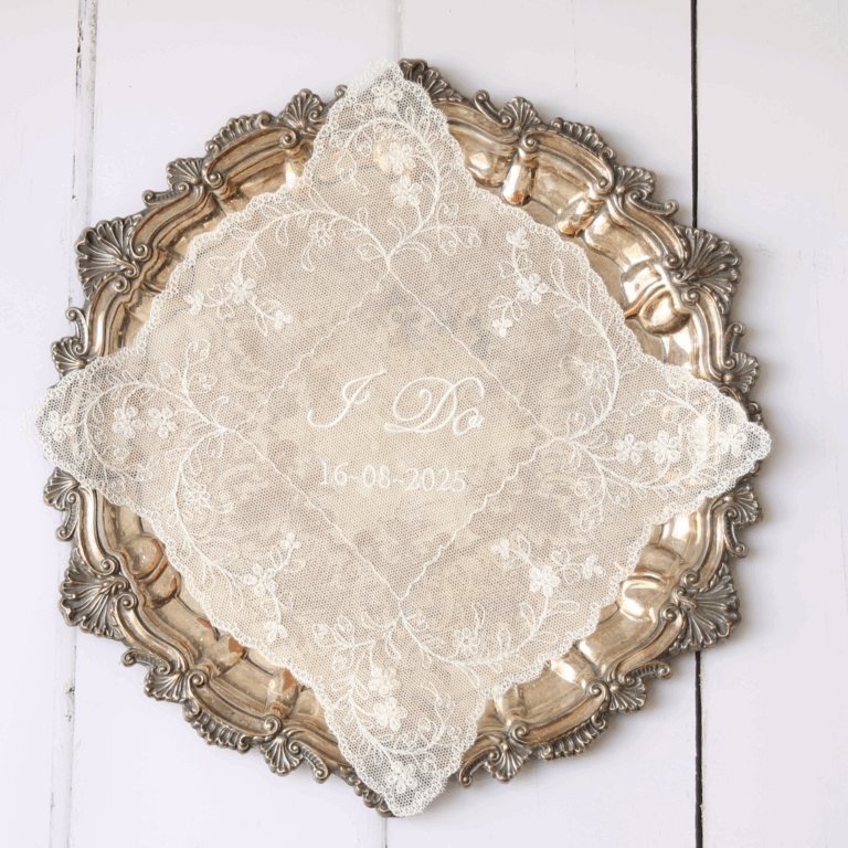 Embroidered Net Lace Handkerchief - Personalised with 'I do' and date