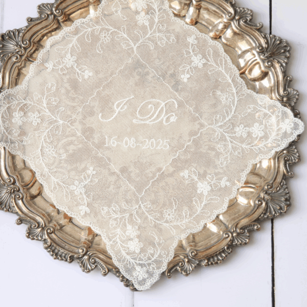 Embroidered Net Lace Handkerchief - Personalised with 'I do' and date