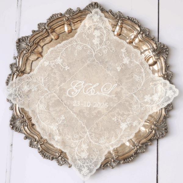 Embroidered Net Lace Handkerchief Personalised with monogram and date
