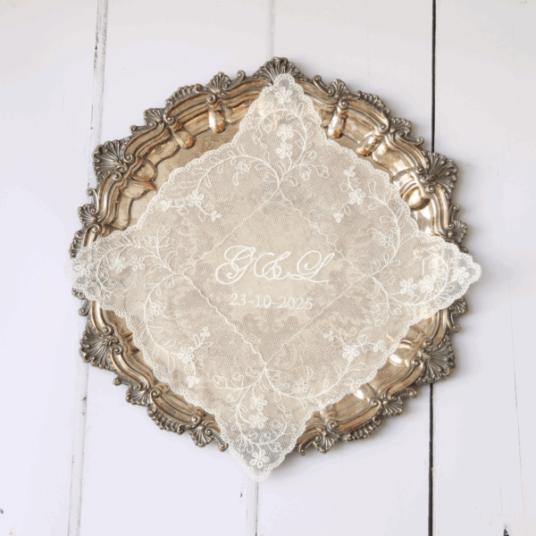 Embroidered Net Lace Handkerchief - Personalised with monogram and date