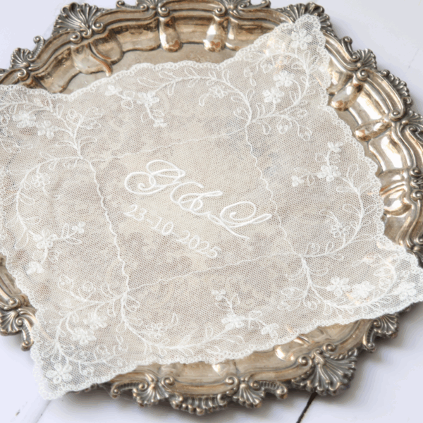 Embroidered Net Lace Handkerchief - Personalised with monogram and date