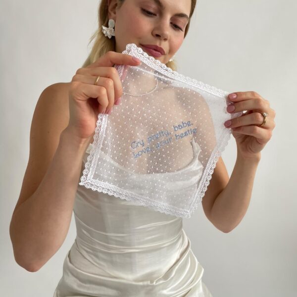 Net & Nottingham Lace Handkerchief - Any Message Embroidered up to 150 Characters