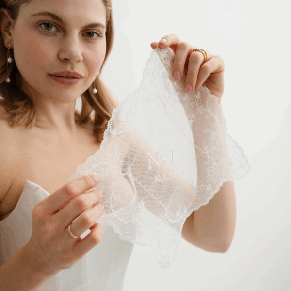 Embroidered Net Lace Handkerchief - Personalised with initials, heart & date