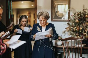 Mother of the Bride opening her personalised embroidered handkerchief