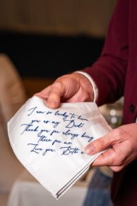 Bride with Father of the bride morning of the wedding with personalised handkerchief