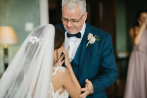 Bride with Father of the bride morning of the wedding with personalised handkerchief