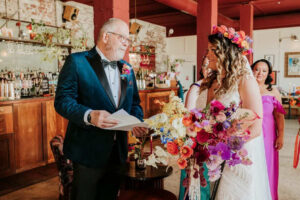 Bride with Father of the bride morning of the wedding with personalised handkerchief