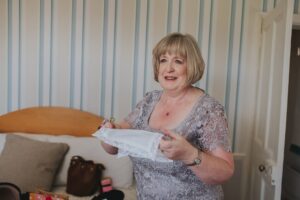 Mother of the Bride morning of the wedding with personalised lace handkerchief