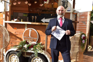 Bride with Father of the bride morning of the wedding with personalised handkerchief