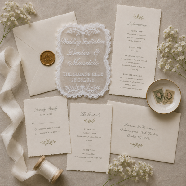 A6 Silk Organza Lace Wedding Invitation or Save the Date