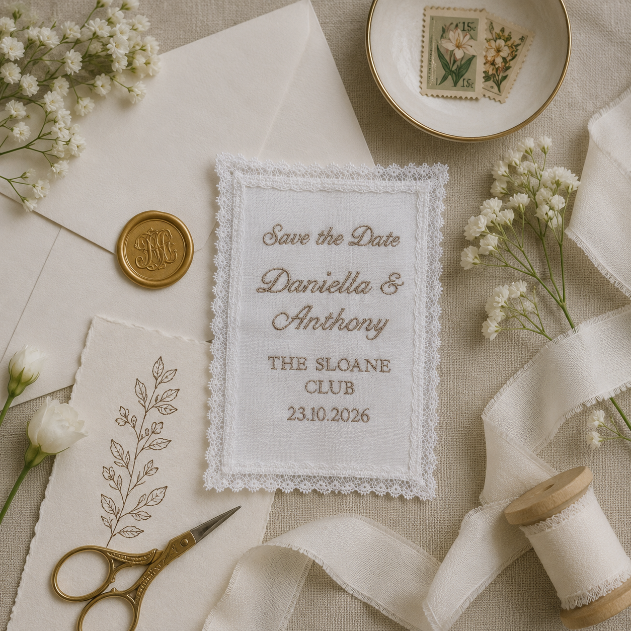 A6 Embroidered Lace Wedding Invitation or Save the Date