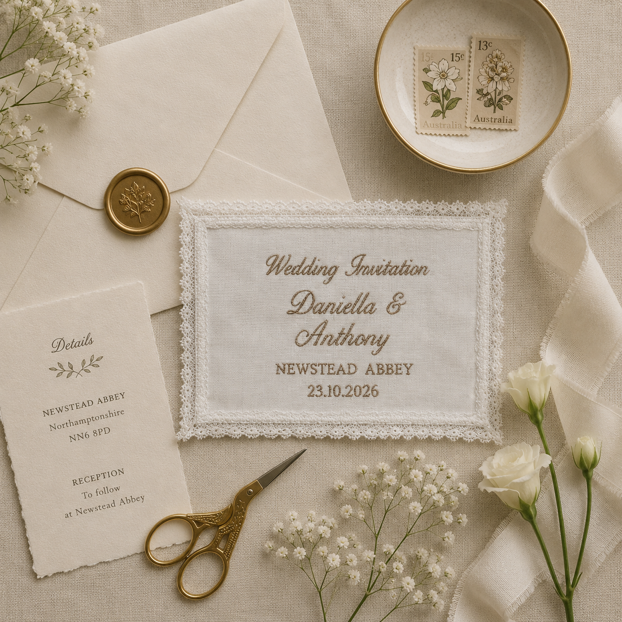 A6 Embroidered Lace Wedding Invitation or Save the Date